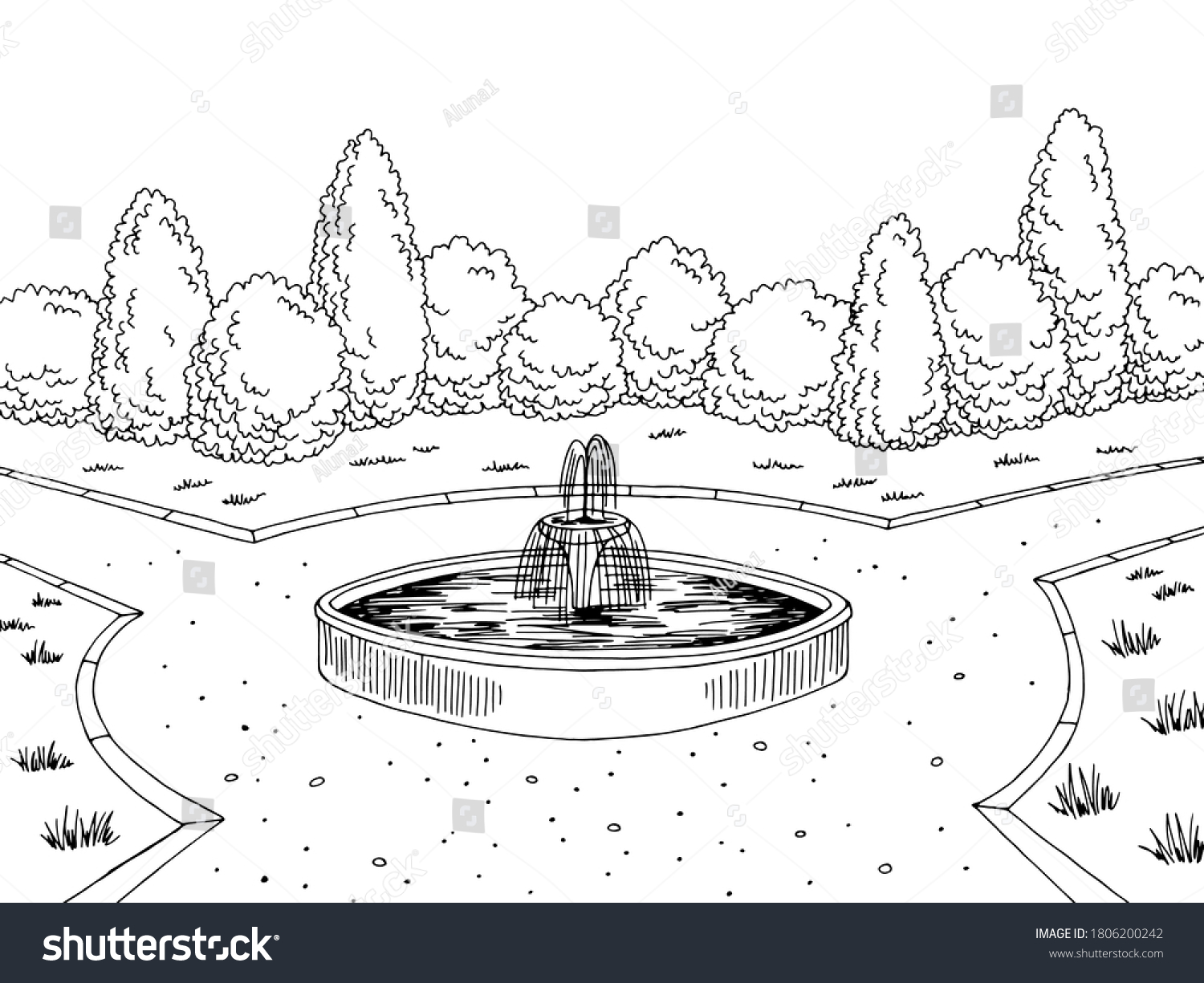 Park fountain graphic black white city stock vector royalty free