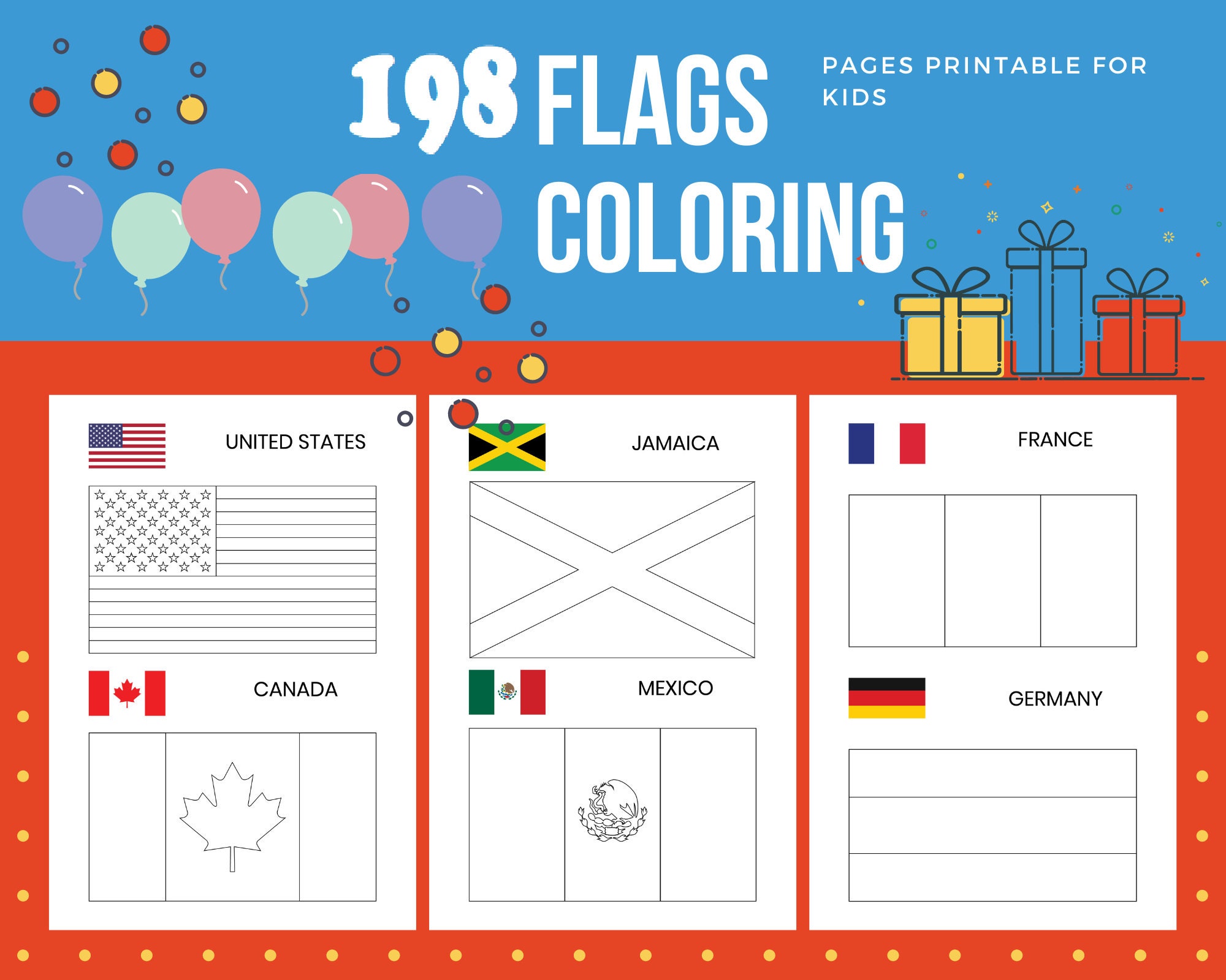 Flags coloring pages printable for kids pdf file us letter instant download kdp coloring book for kids