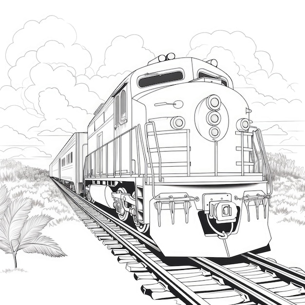 Premium ai image black and white coloring picture of a freight train