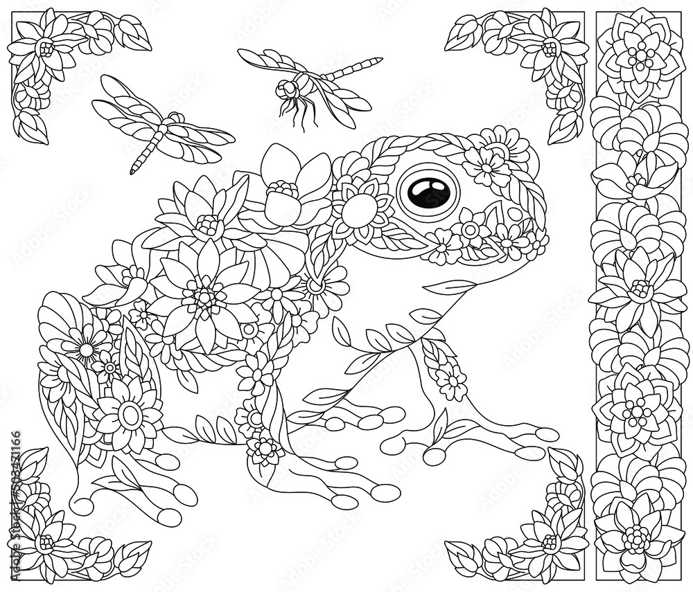 Adult coloring book page floral frog ethereal animal consisting of flowers leaves and dragonflies vector