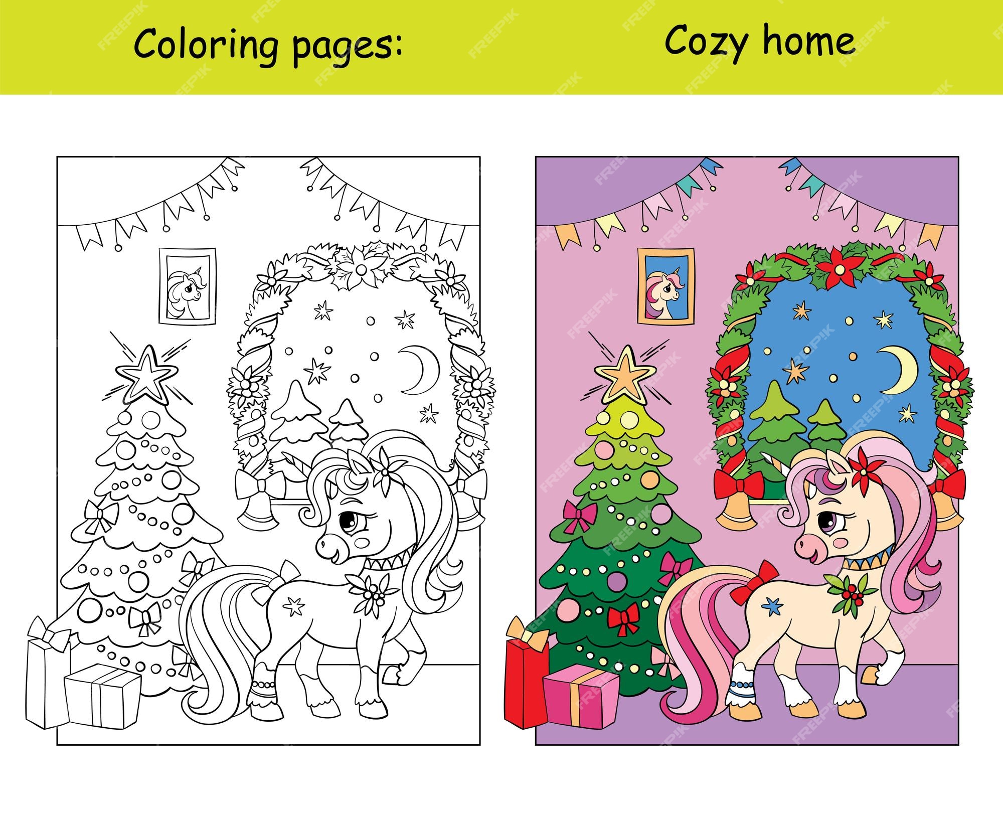 Premium vector cute and funny unicorn in a cozy house with a christmas tree coloring book page with color template vector cartoon illustration for kids coloring card print design decor and