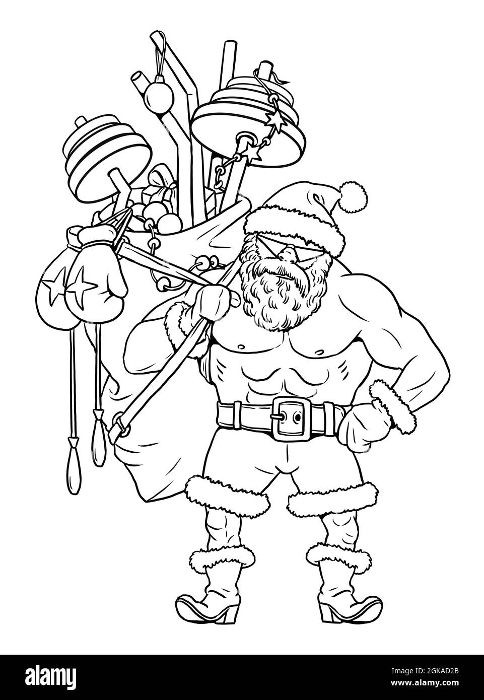 Funny santa claus bodybuilder happy new year card christmas template for coloring stock photo