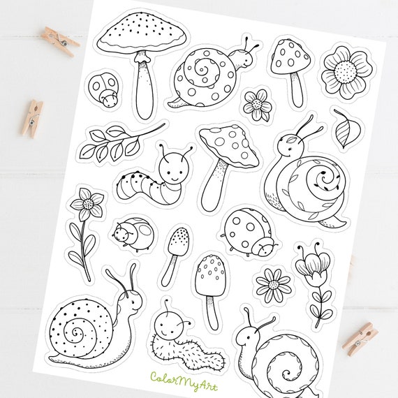 Cute bugs snails and flowers coloring printable stickers cute decorative stickers print color and cut sticker sheet digital download