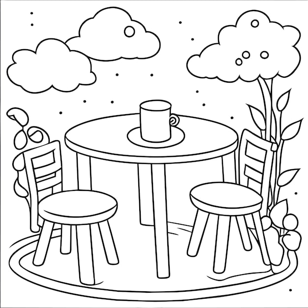 Premium vector coloring page table and chair furniture and room interior