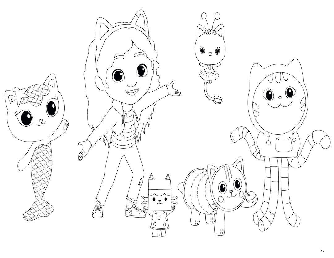 Gabbys dollhouse digital download coloring sheet with gabby and all her friends