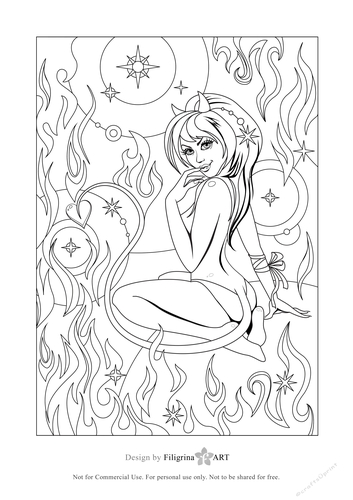 Digital adult coloring page mysterious girl fire doodles space galaxy stars devil