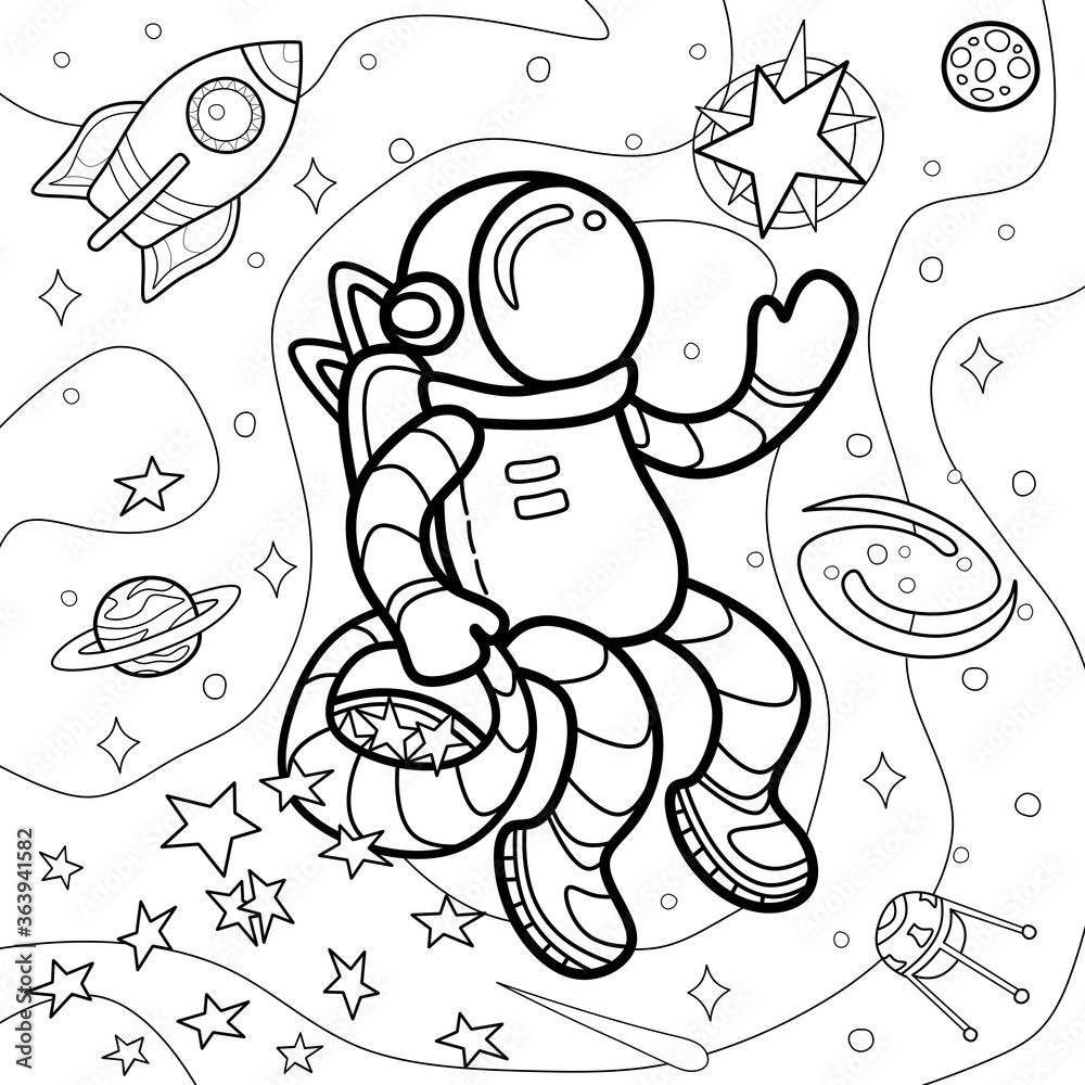 Coloring page antistress for children and adults et satellite stars planets galaxy rocket space the astronaut collects a star in a basket illustration