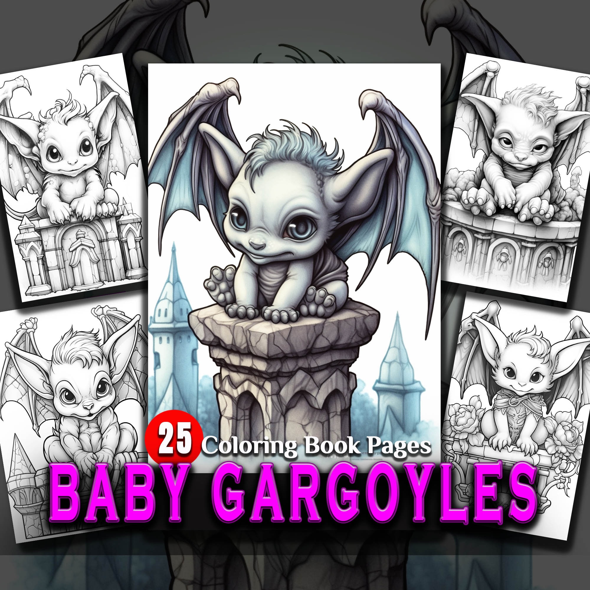 Baby gargoyles coloring pages printable adult coloring book pages instant download grayscale illustration adorable cute with cathedrals download now