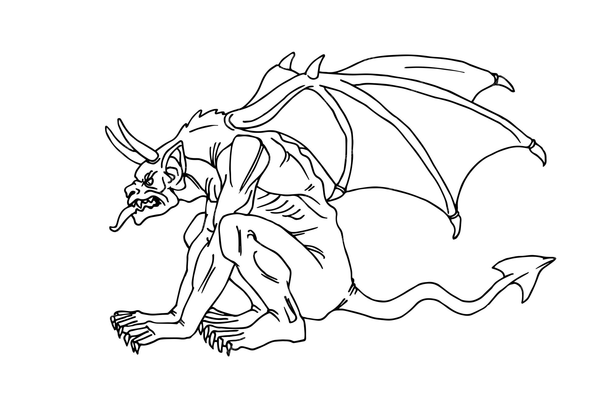 Premium vector seated horned gargoyle with bat wings fantastic monster mythological character