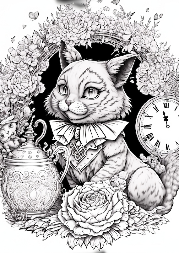 Dibujo de gato de cheshire para colorear alicia en el paãs de las maravillas dibujos imprimibles para adultos descargar ilustraciãn en escala de grises descargar instant