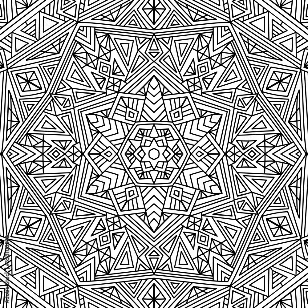 Doodle abstract background hand drawn geometric pattern coloring book page for adults and kids outline illustration black and white vector