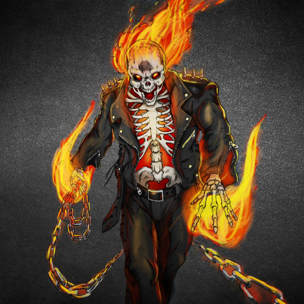 Hd desktop fire ghost rider painting skull leather chain skeleton comics download free picture