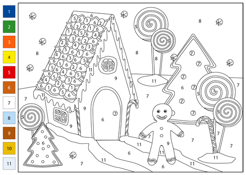 Gingerbread and gingerbread house color by number coloring page free printable coloring pages