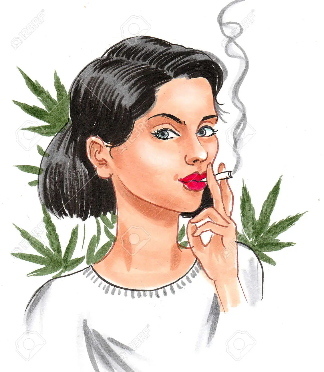 Pretty girl smoking marijuana joint ink and watercolor illustration stock photo picture and royalty free image image