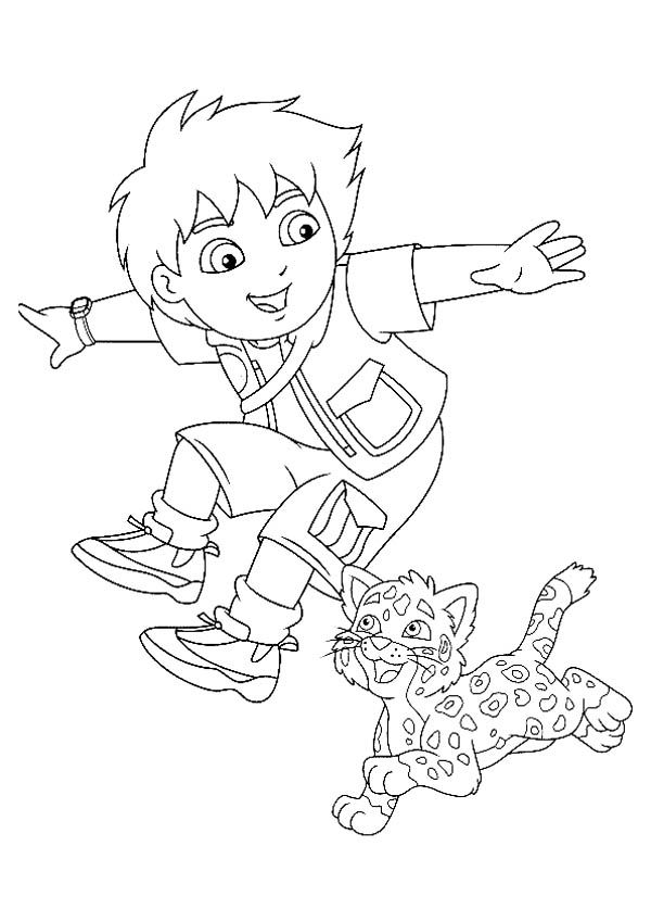Diego and his adorable pet baby jaguar in go diego go coloring page
