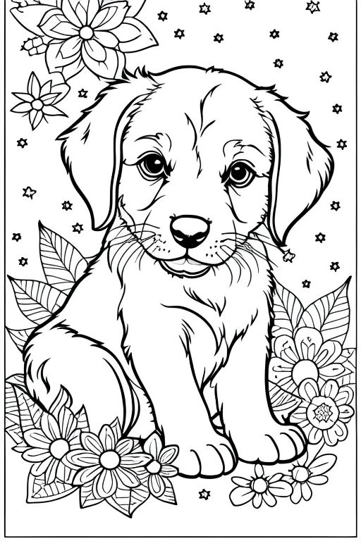 Coloring book page of a golden doodle puppy laying in grass