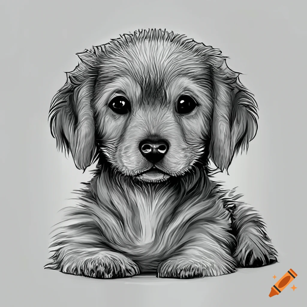 Cute puppy golden retriever dog fineline drawing greyscale coloring book style on