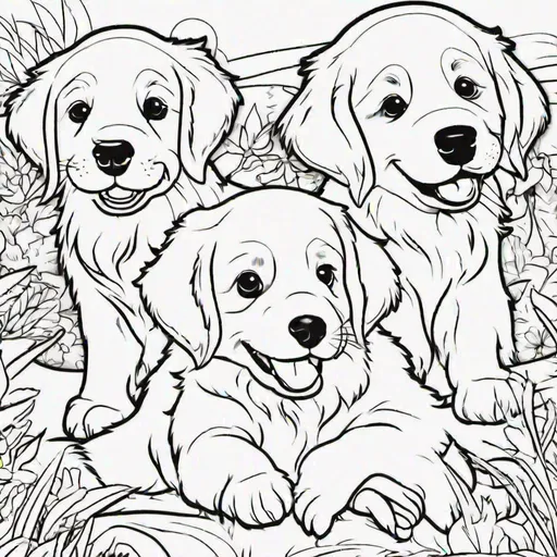 Kids coloring page with golden retriever puppies p