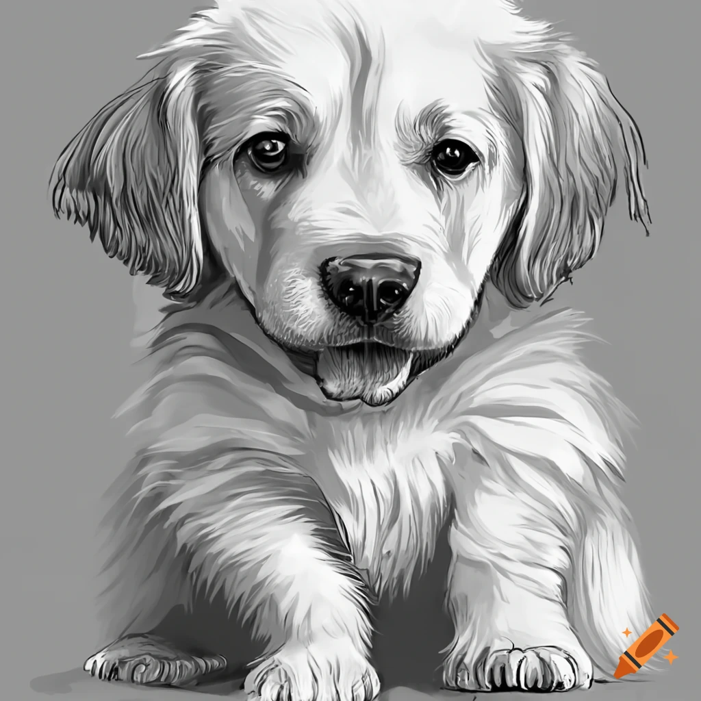 Puppy golden retriever dog fineline drawing greyscale coloring book style on