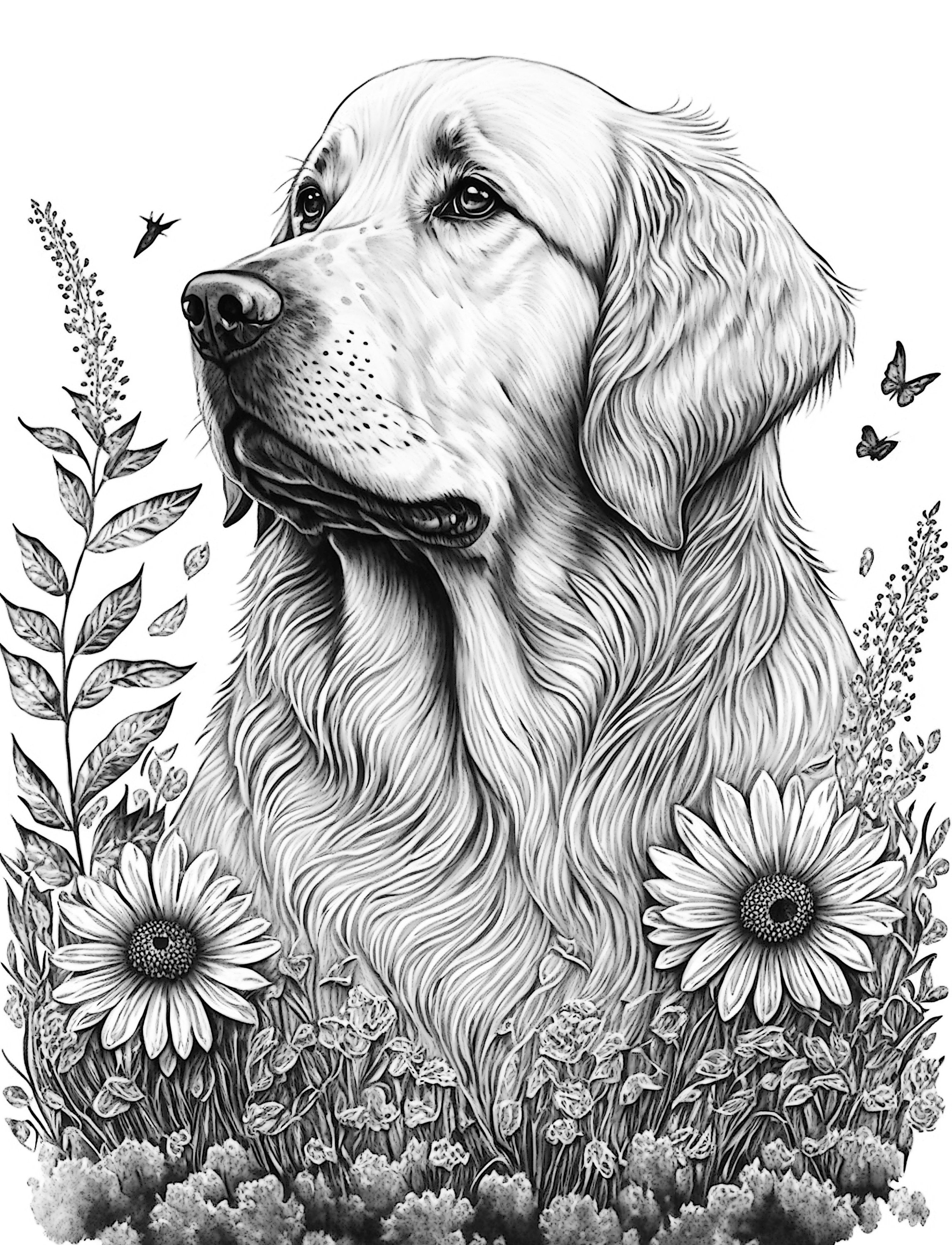 Golden retriever adult coloring sheet ai generated coloring page of a golden retriever dog with flowers instant download