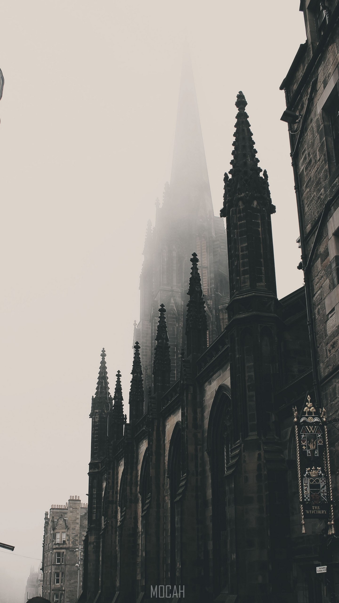 Monochromatic gothic cathedrals line the history streets of edinburgh foggy street in edinburgh motorola moto g wallpaper hd x