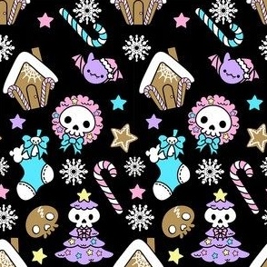 Pastel goth christmas doodles skull fabric