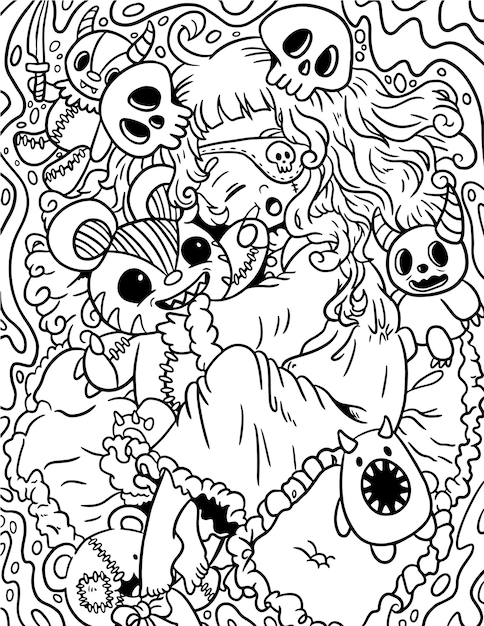 Premium vector hand drawn pastel goth coloring page creepy spooky kawaii coloring pages