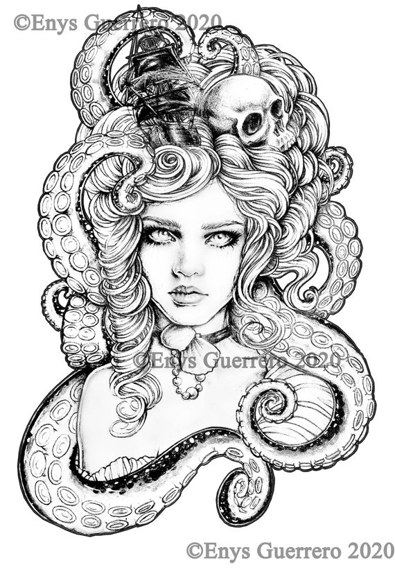 Kraken coloring page goth fantasy printable download jpg by enys guerrero download now