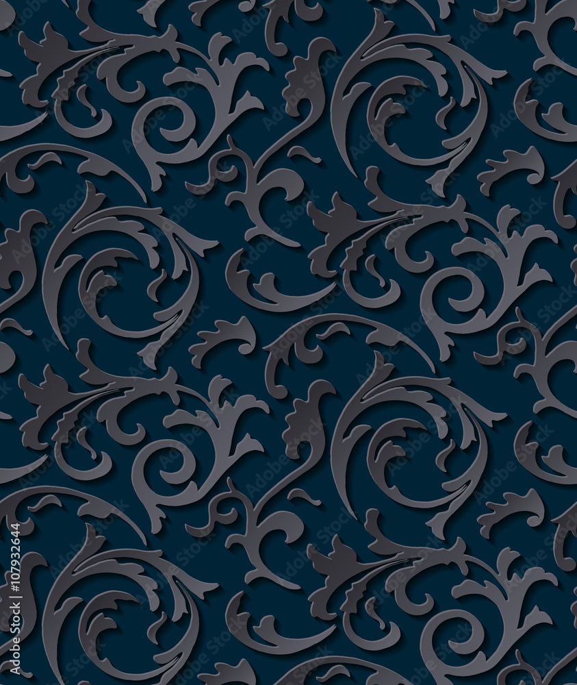 Vector victorian seamless damask dark gothic texture luxury floral swirl pattern element for wrapping paper fabric page fill background or wallpaper black paper cut with shadow and highlight vector
