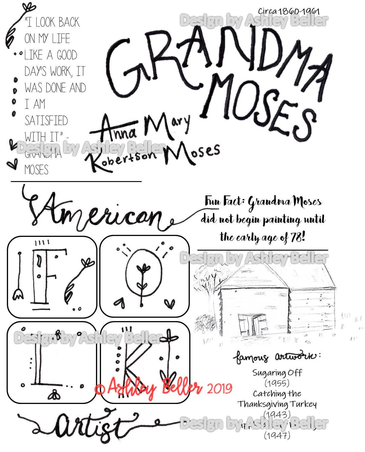 Grandma moses great artist color sheet cycle instant download