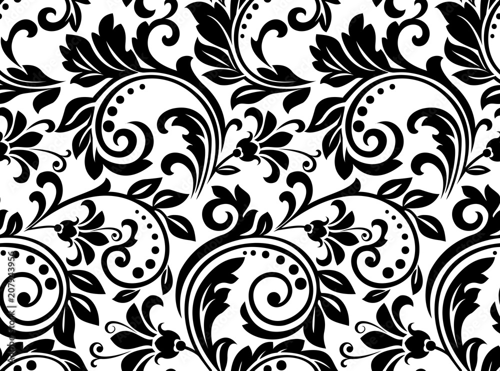 Floral pattern wallpaper baroque damask seamless vector background black and white ornament