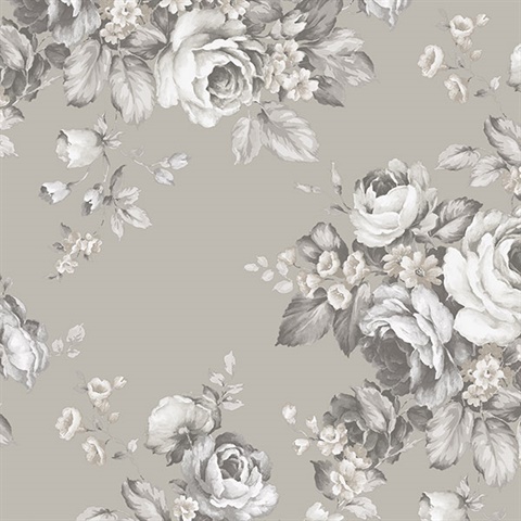 Af grand floral black grey white wallpaper