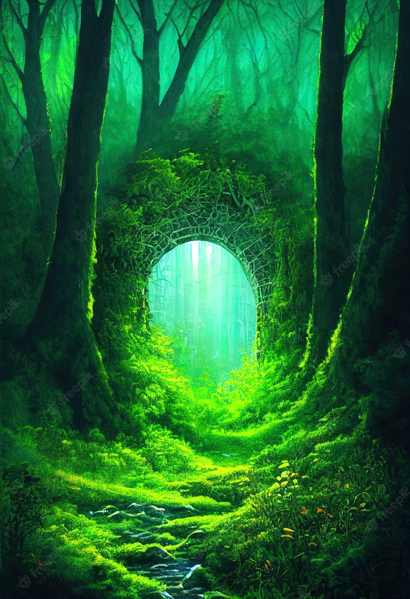 Premium photo path to another dimension in a dense green forest the leaves on the trees are green the whole earth is covered with green grass d illustration