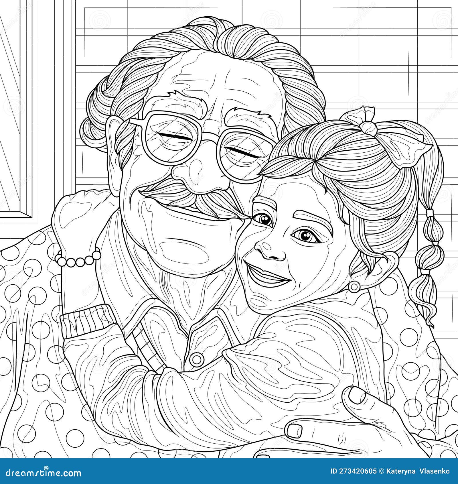 Granddaughter hugs grandfathercoloring book antistress for children and adults stock vector