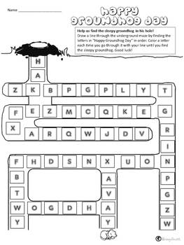 Groundhog day alphabet maze black and white by krissy smith tpt