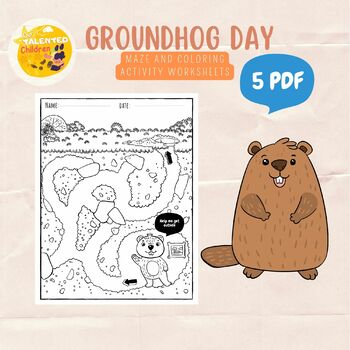 Groundhog day maze and coloring activity worksheets by our talented children