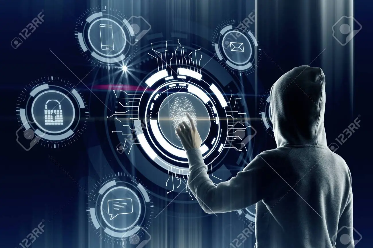 Hacker hand using creative finger print interface on blurry background password and hacking concept multiexposure stock photo picture and royalty free image image
