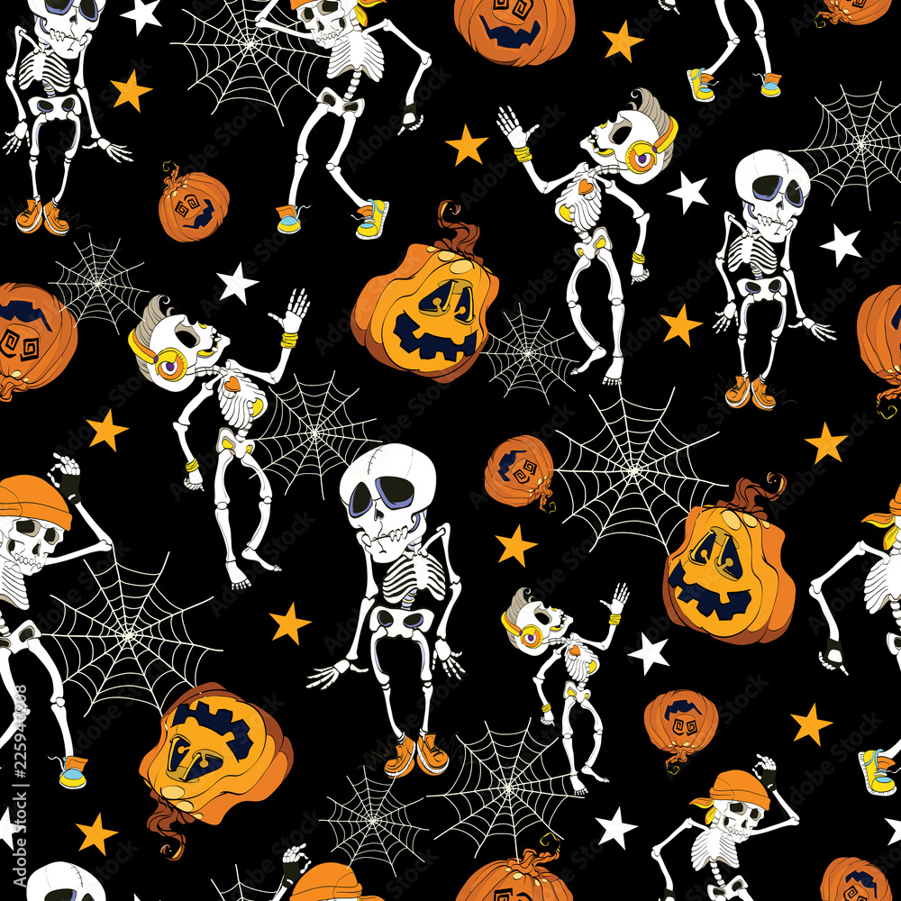 Dancing halloween skeletons and pumpkins pattern great for spooky holiday wallpaper backgrounds invitations packaging design projects surface pattern design vector