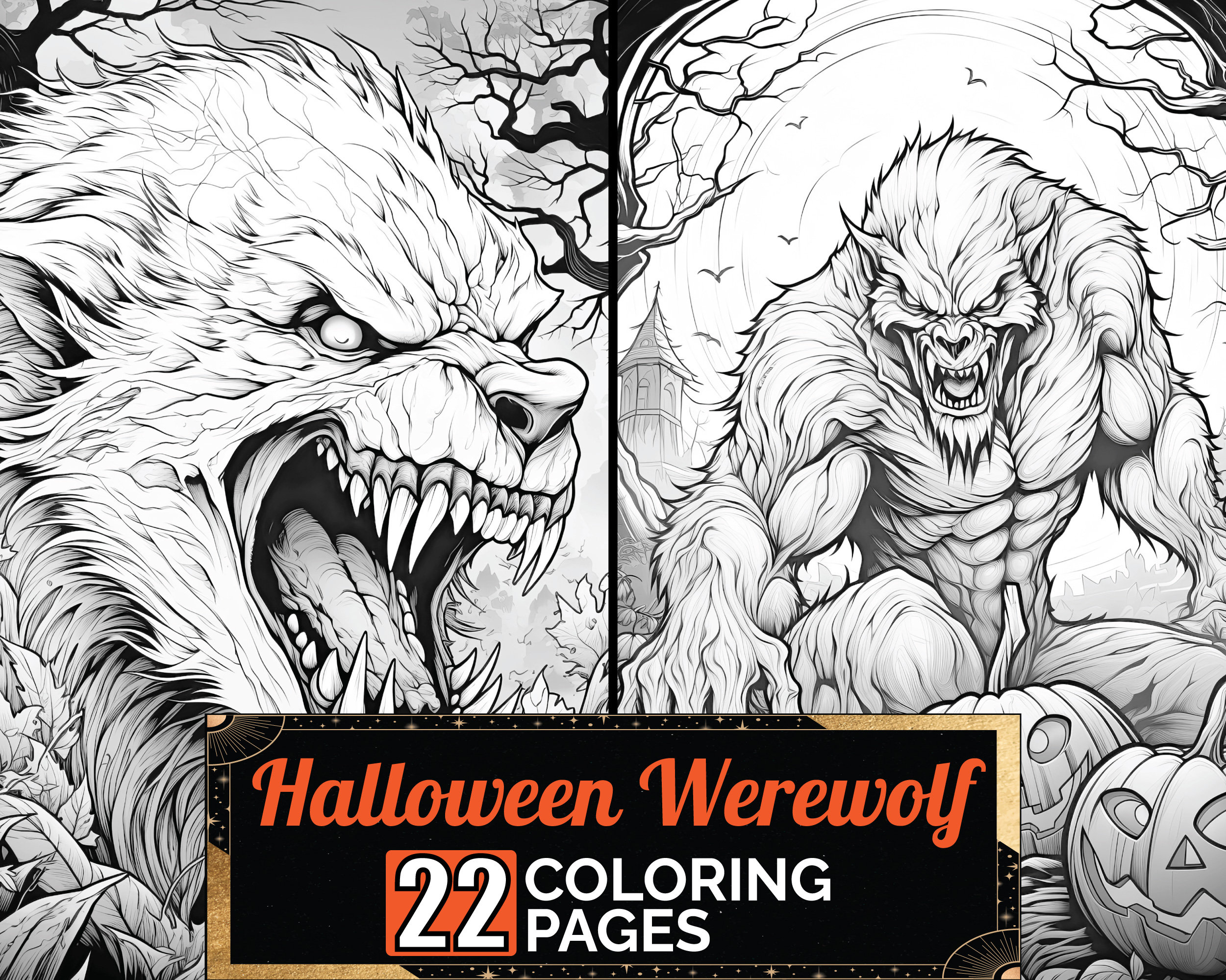 Halloween werewolf coloring book detail greyscale adult kids spooky colouring page a size sheet printable digital pdf download