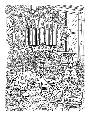 Premium vector hanukkah altar isolated adults coloring page