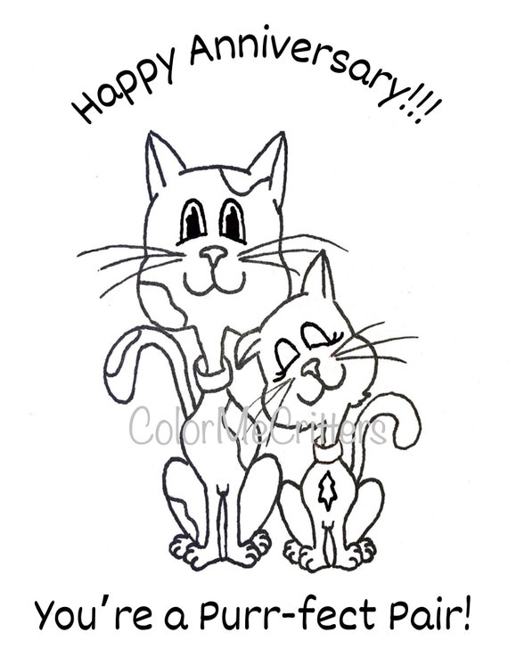 Printable hand drawn happy anniversary cats kids coloring page