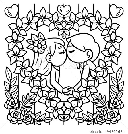 Wedding kissing couple coloring page for kids