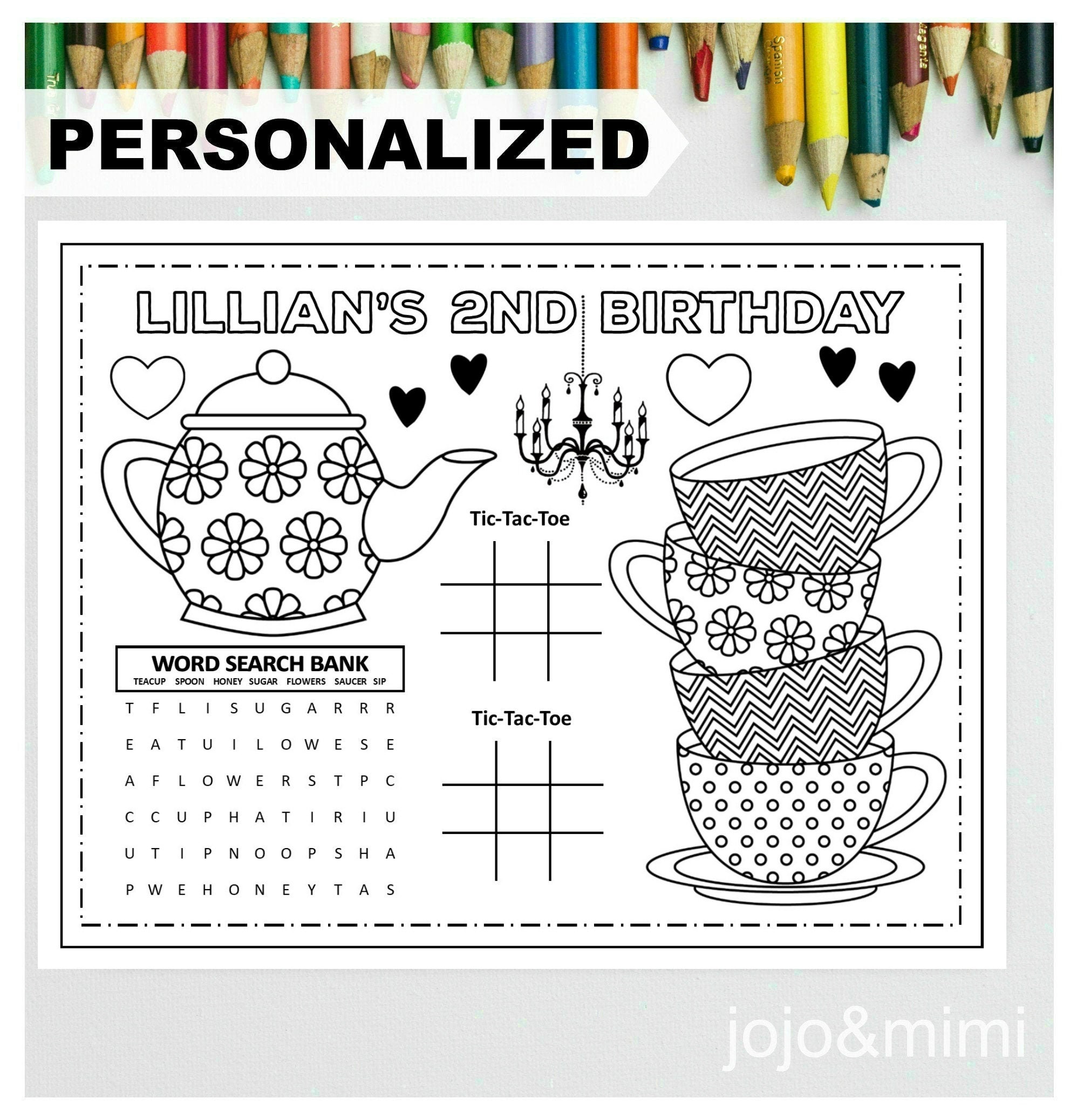Personalized tea party happy birthday printable placemat activity birthday coloring page girls birthday party placemat tea time birthday