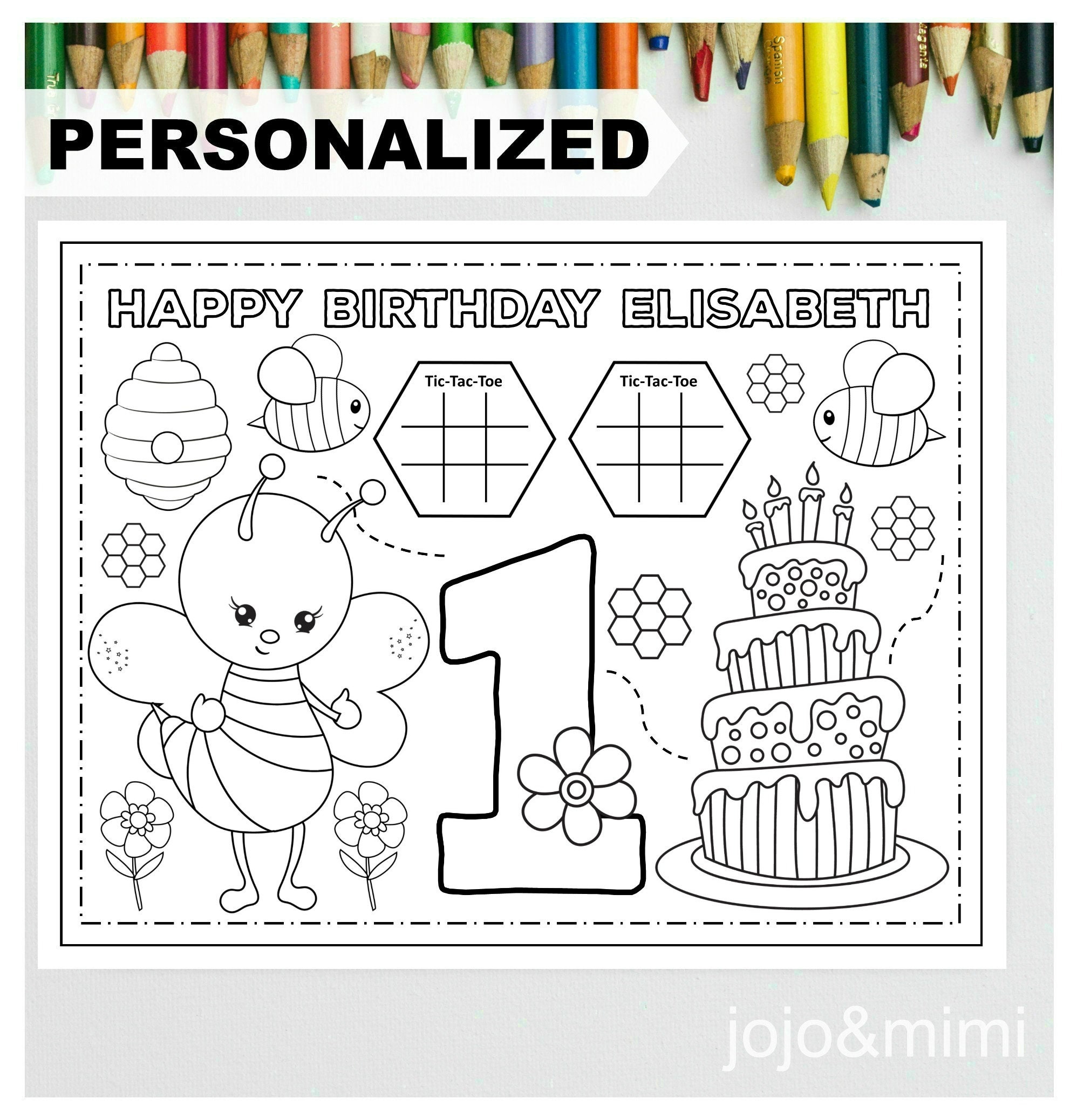 Personalized bee happy birthday printable placemat activity bee theme coloring page kids birthday party placemat first birthday bee birthday