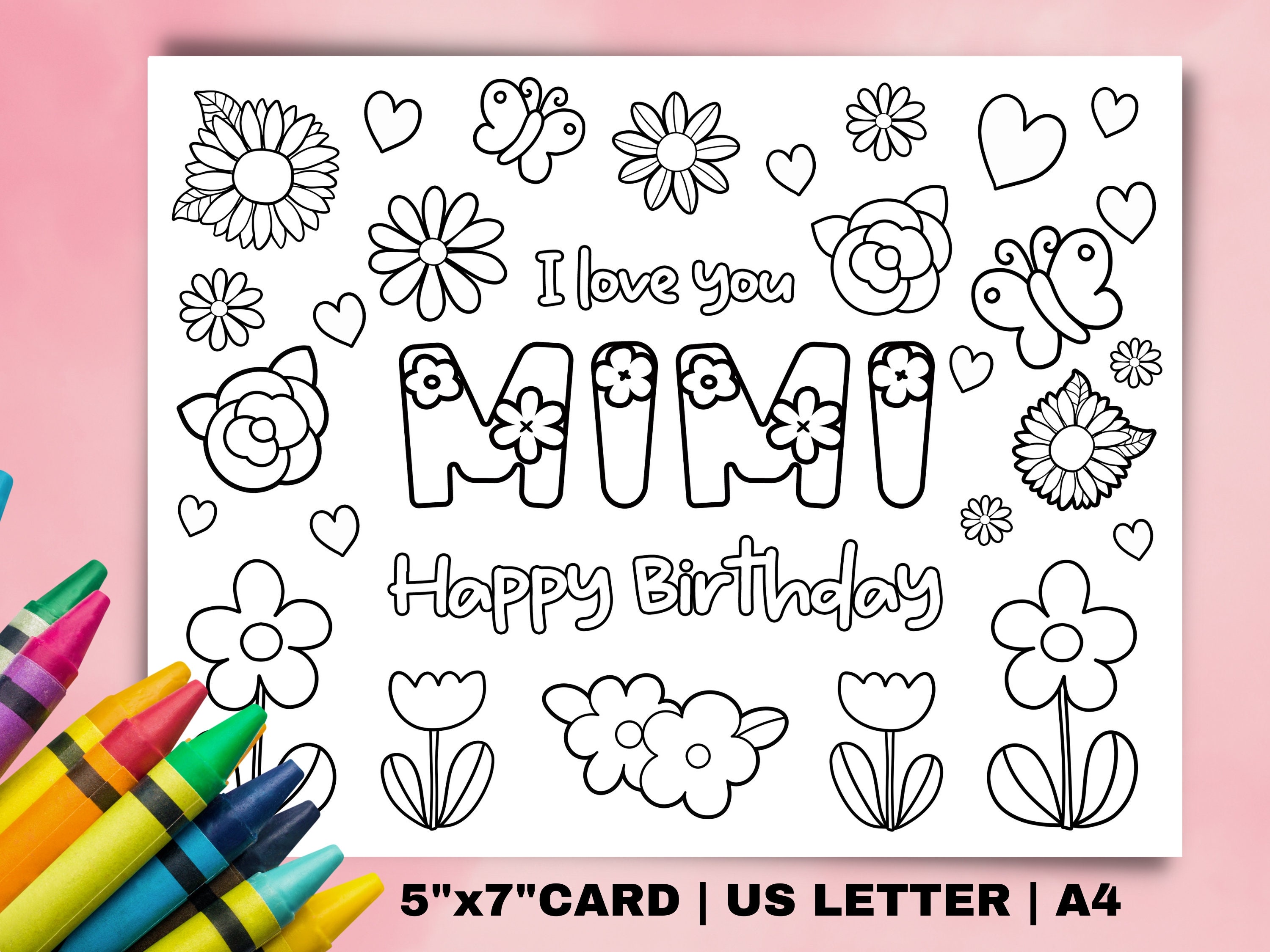 Printable coloring birthday card for mimi grandmother birthday card diy gift kids craft for grandma mimi birthday instant download card