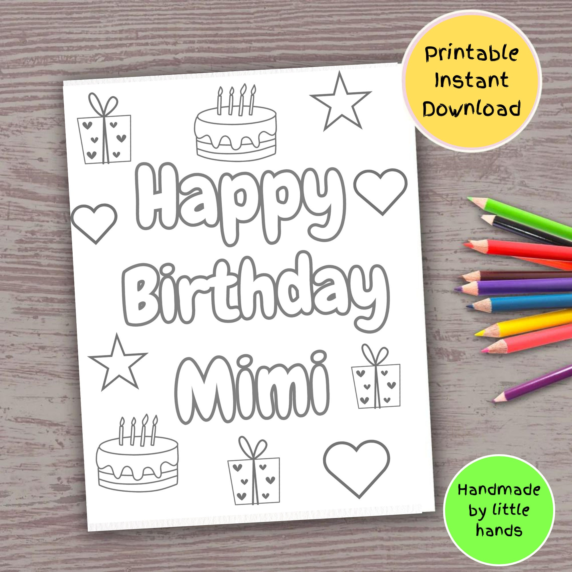 Mimi birthday printable coloring page for kids handmade diy birthday bday card gift for mimi from kids grandkids grandson granddaughter