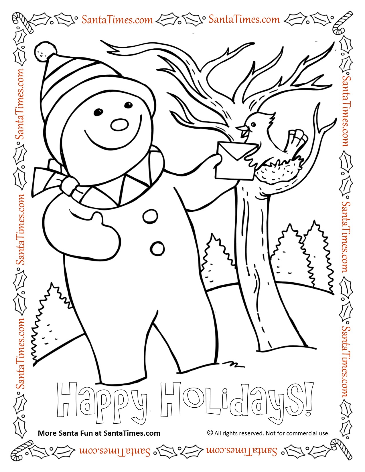 Happy holiday bird and snowman coloring page