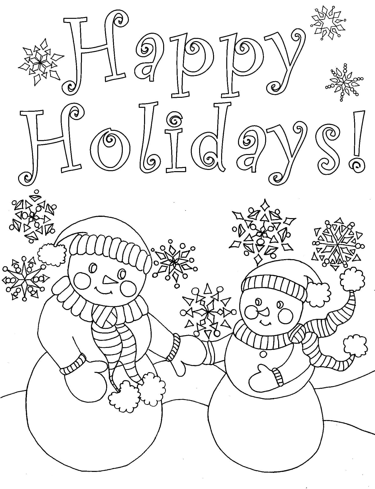 Happy holidays snowmen coloring page