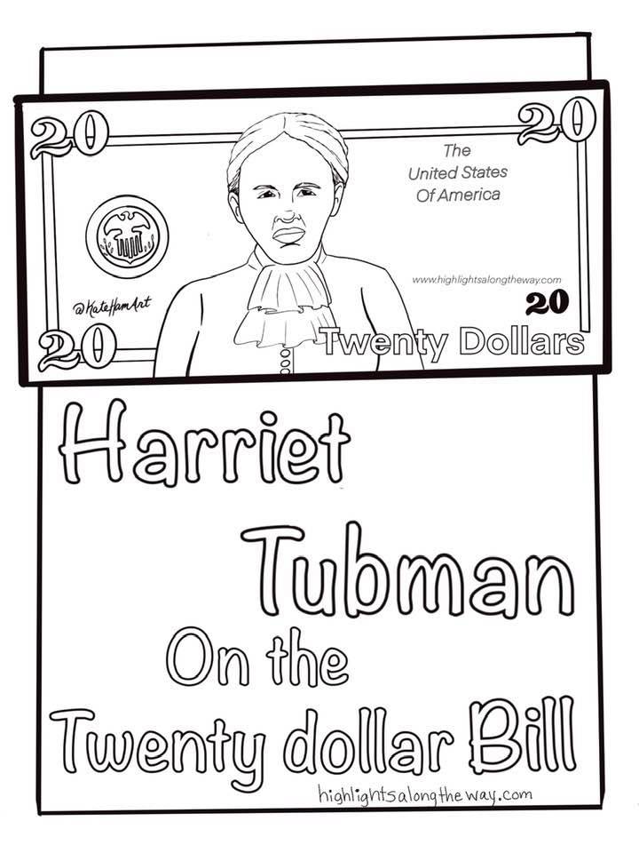 Harriet tubman on the twenty dollar bill free printable coloring page