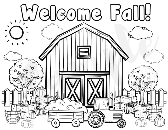 Fall coloring page harvest time farm hayride thanksgiving